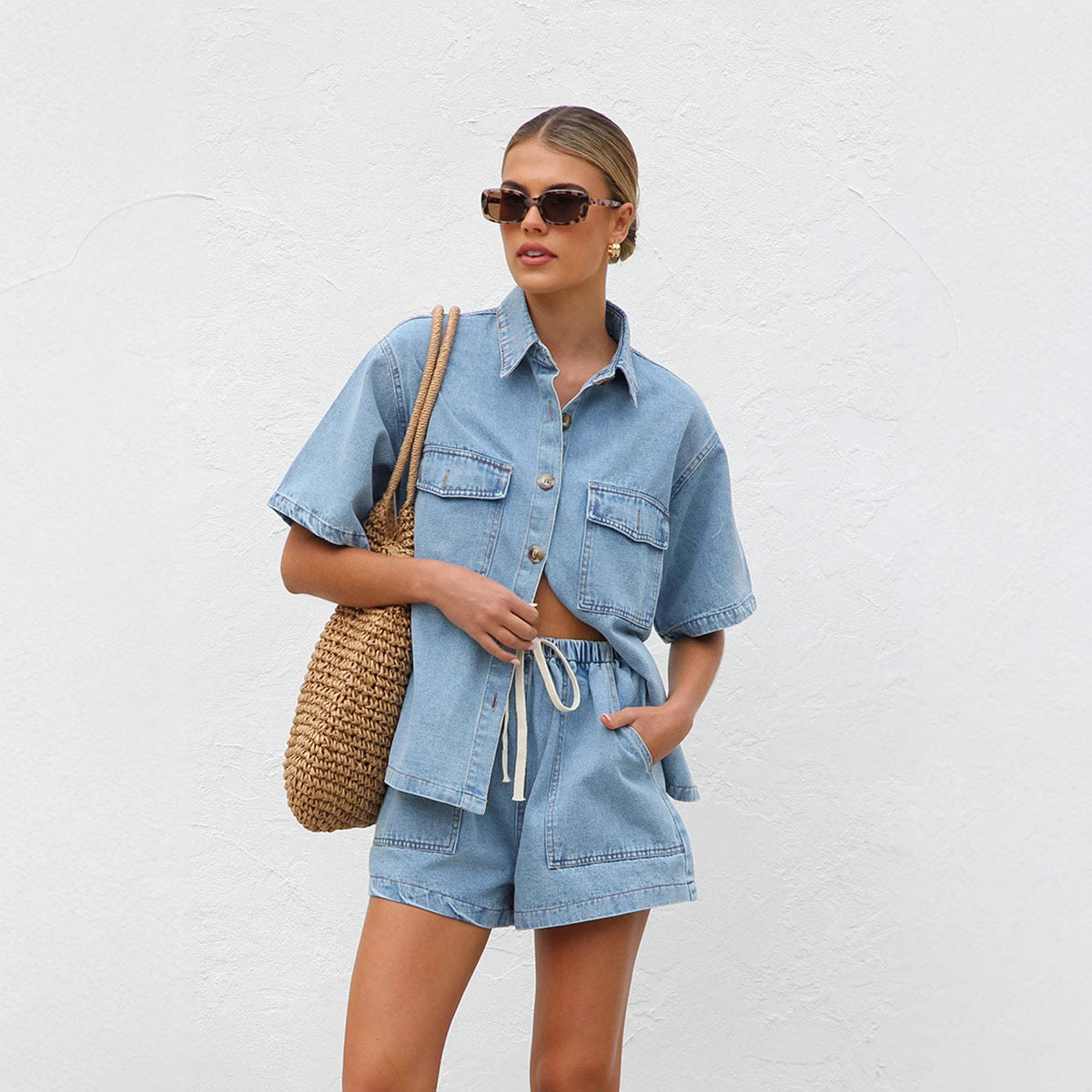 Women's Summer Casual Loose Pockets Short-sleeved Shirt Suits