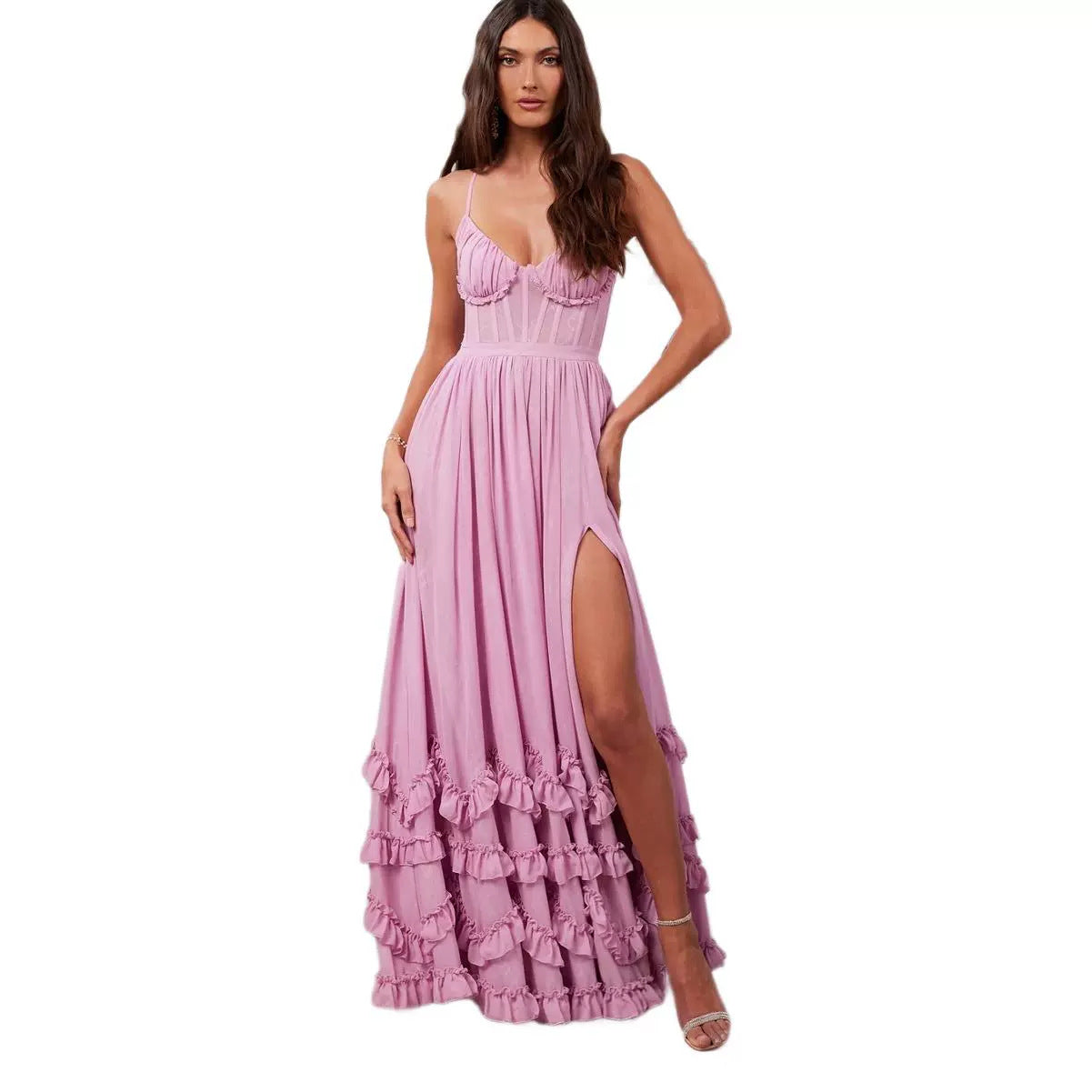 Wrapped Chest Fishbone Solid Color Dress Dresses