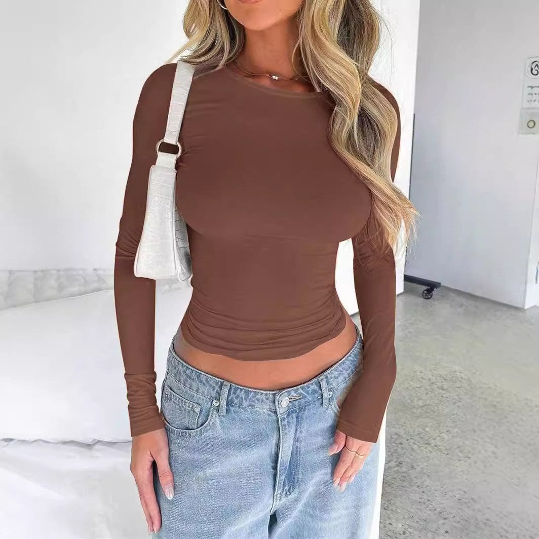 Women's Color Slim Fit Round Neck Long-sleeved Blouses