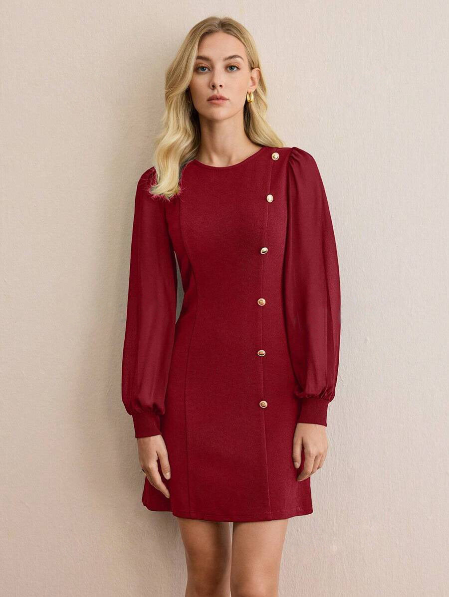 Women's Spring Round Neck Clinch Slimming Solid Dress
