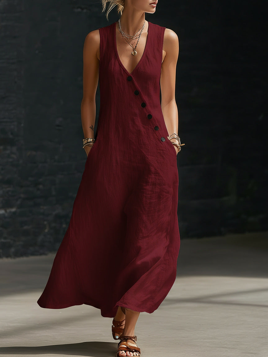 Idle Style Double-breasted Cotton Linen Sleeveless Dress