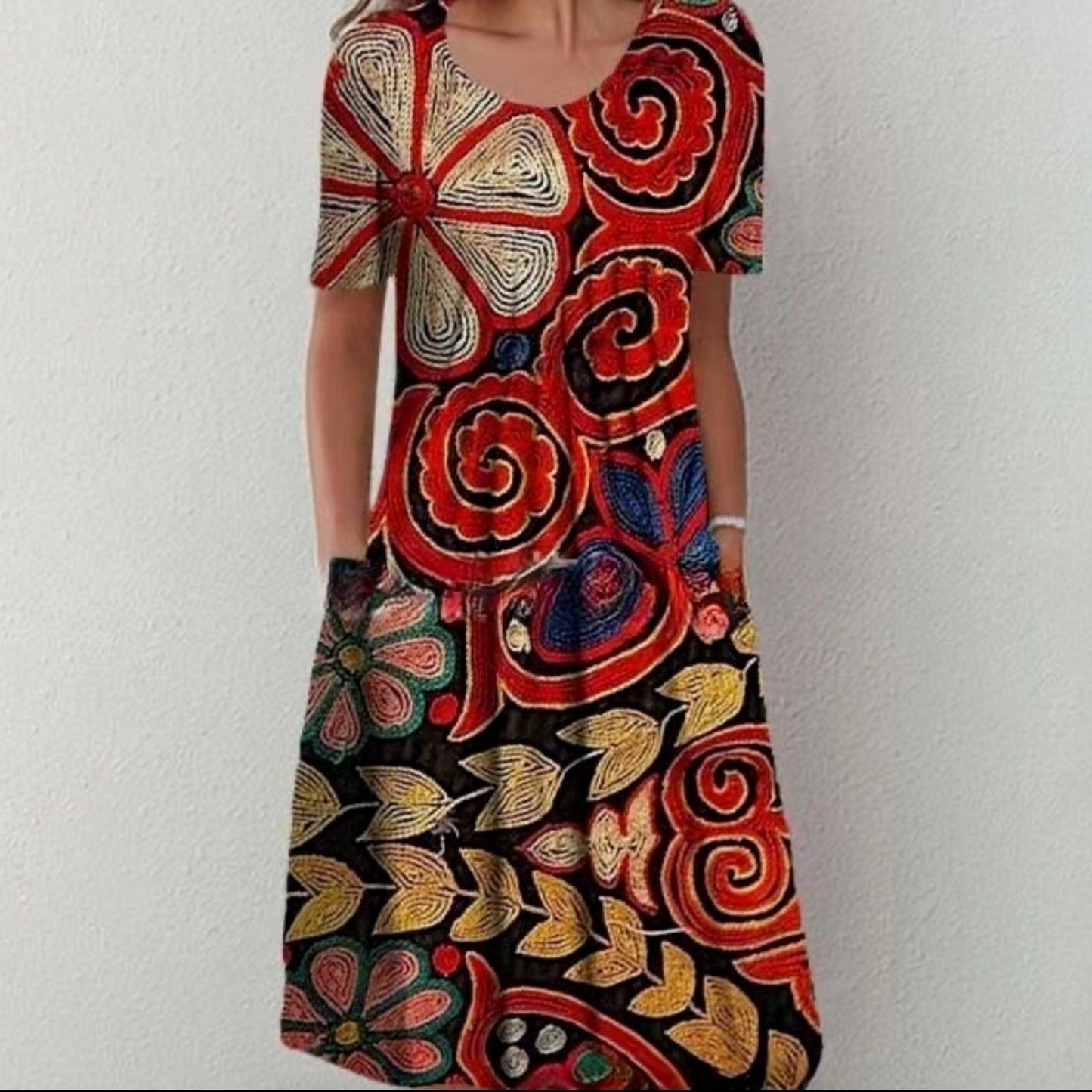 Women's Fashion Print Round Neck Sleeve Dress Dresses