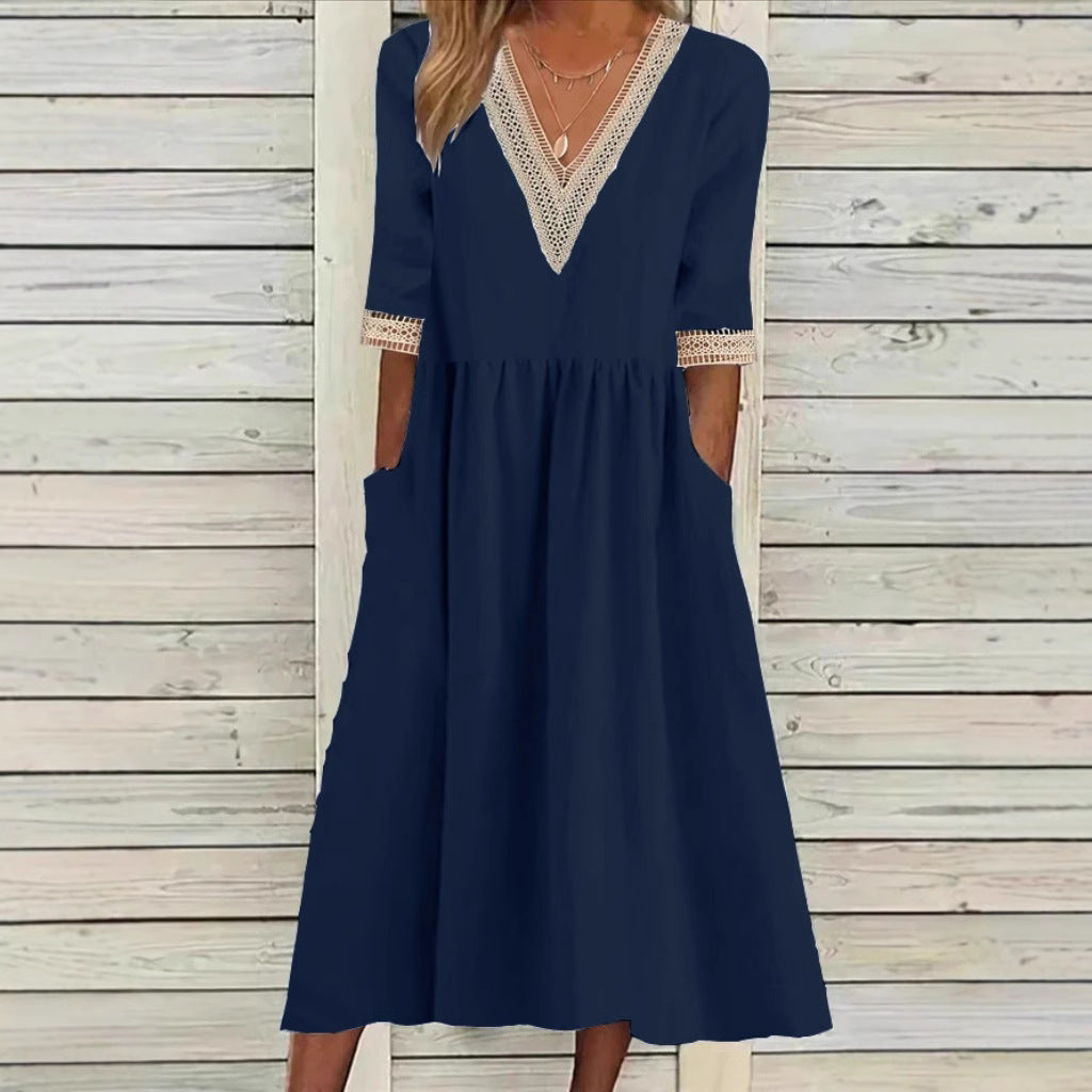 Women's Loose Cotton Linen Lace Collar Half Dresses