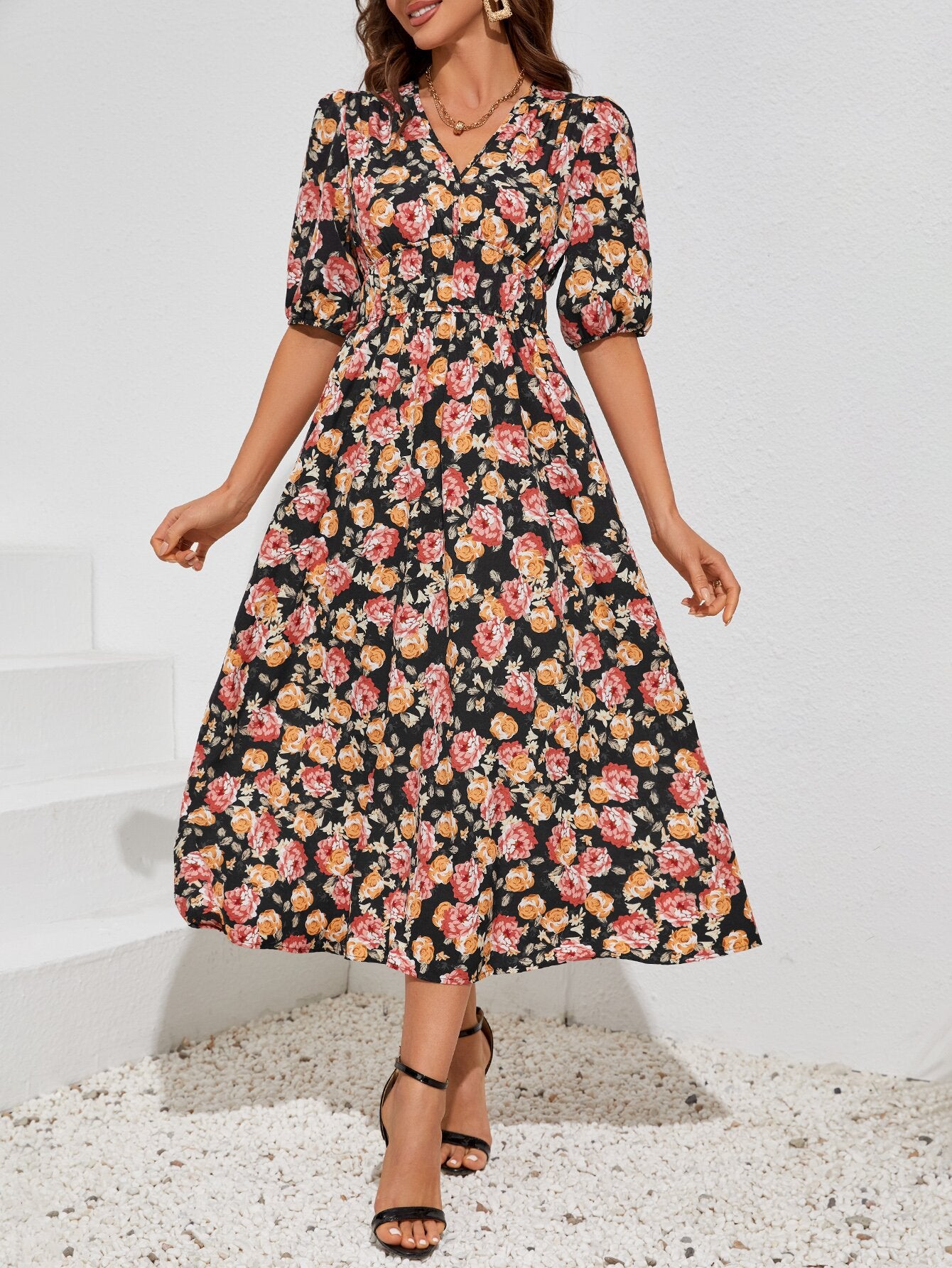 Classy Women's Summer Fashion Printed Waist Dress