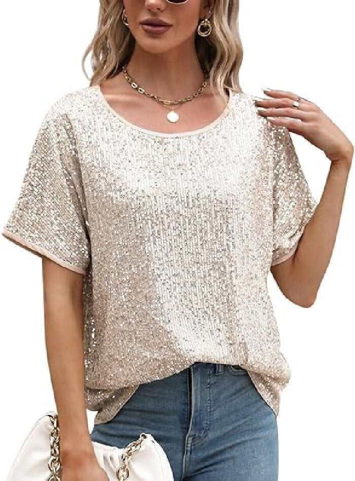 Loose Sequins Shoulder Sleeve Casual Sequin Tops