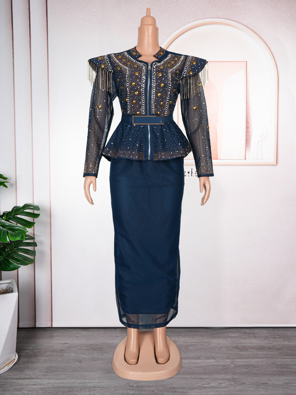 Women's African Dress Rhinestone Two-piece Set Suits