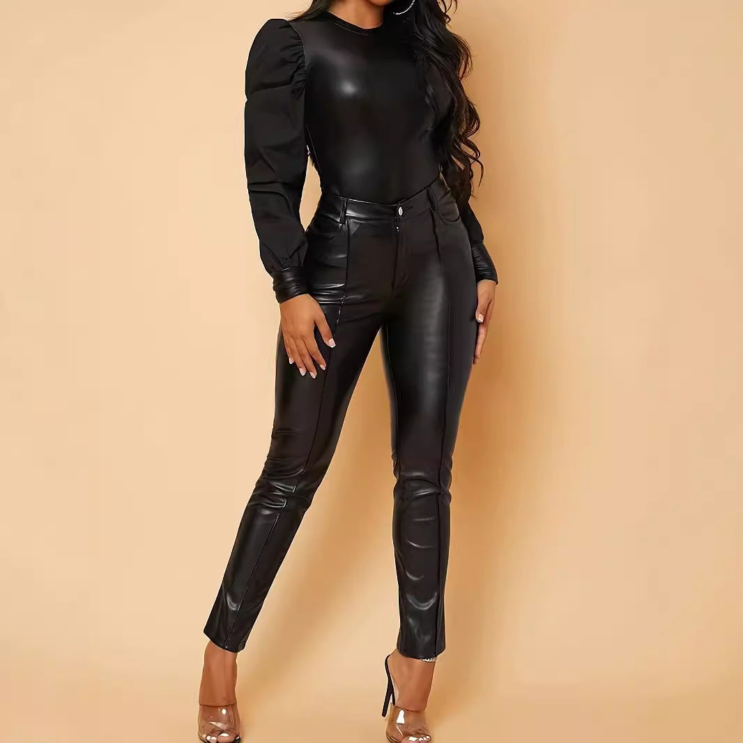 Women's Patent Leather Round Neck Long Sleeve Lantern Tops