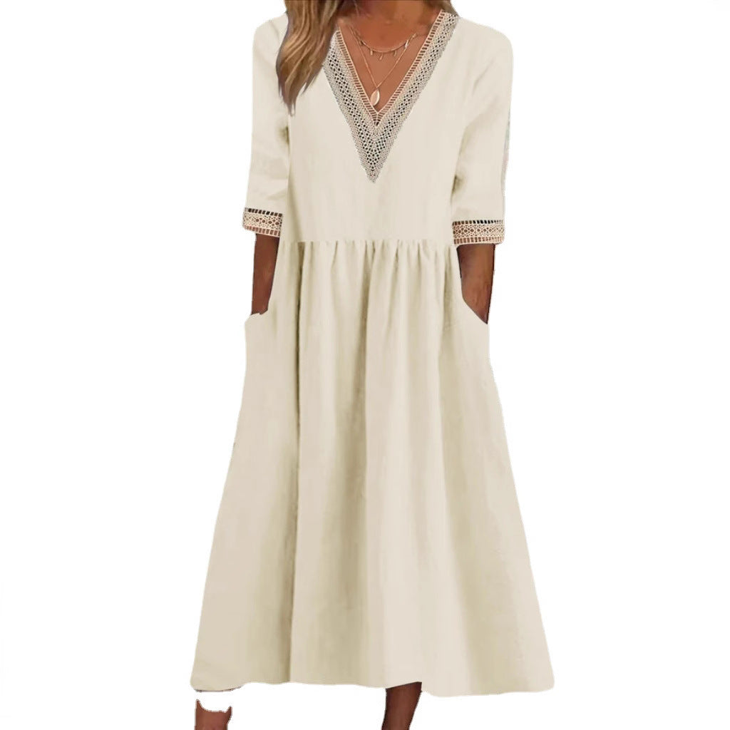 Women's Loose Cotton Linen Lace Collar Half Dresses