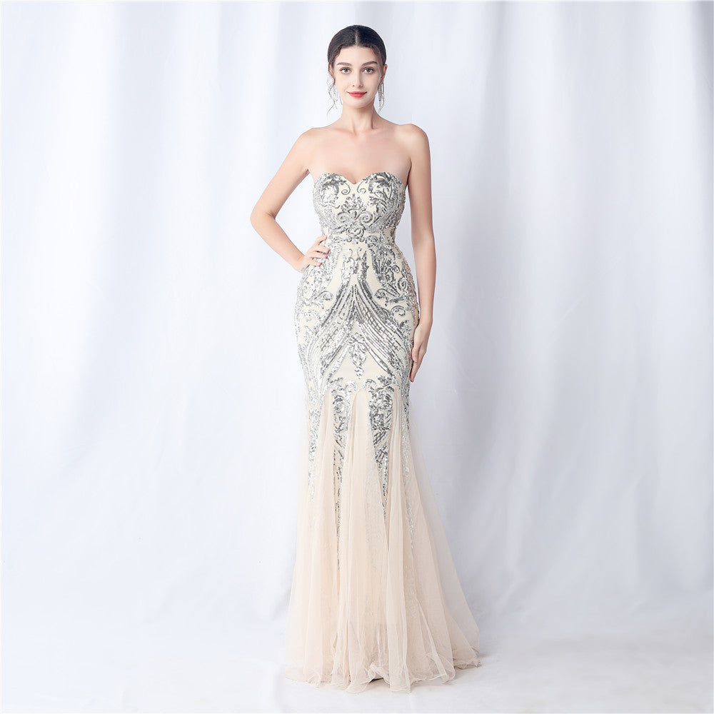 Flower Cut Mesh Sequin Dinner Toast Evening Dresses