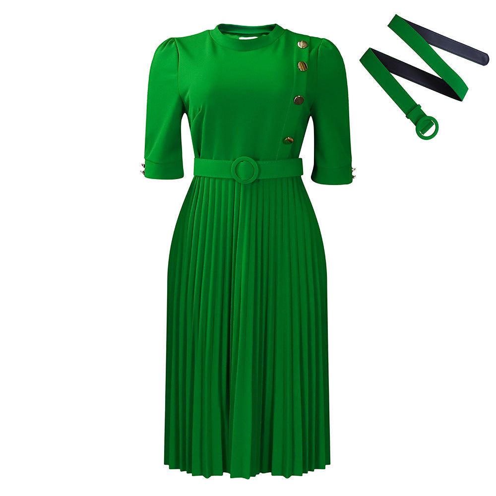Women's African Temperament Pure Color Pleated Button Dresses