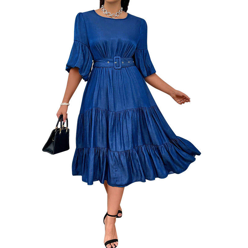 Women's Bubble Sleeve Round Neck Fashion Denim Dresses