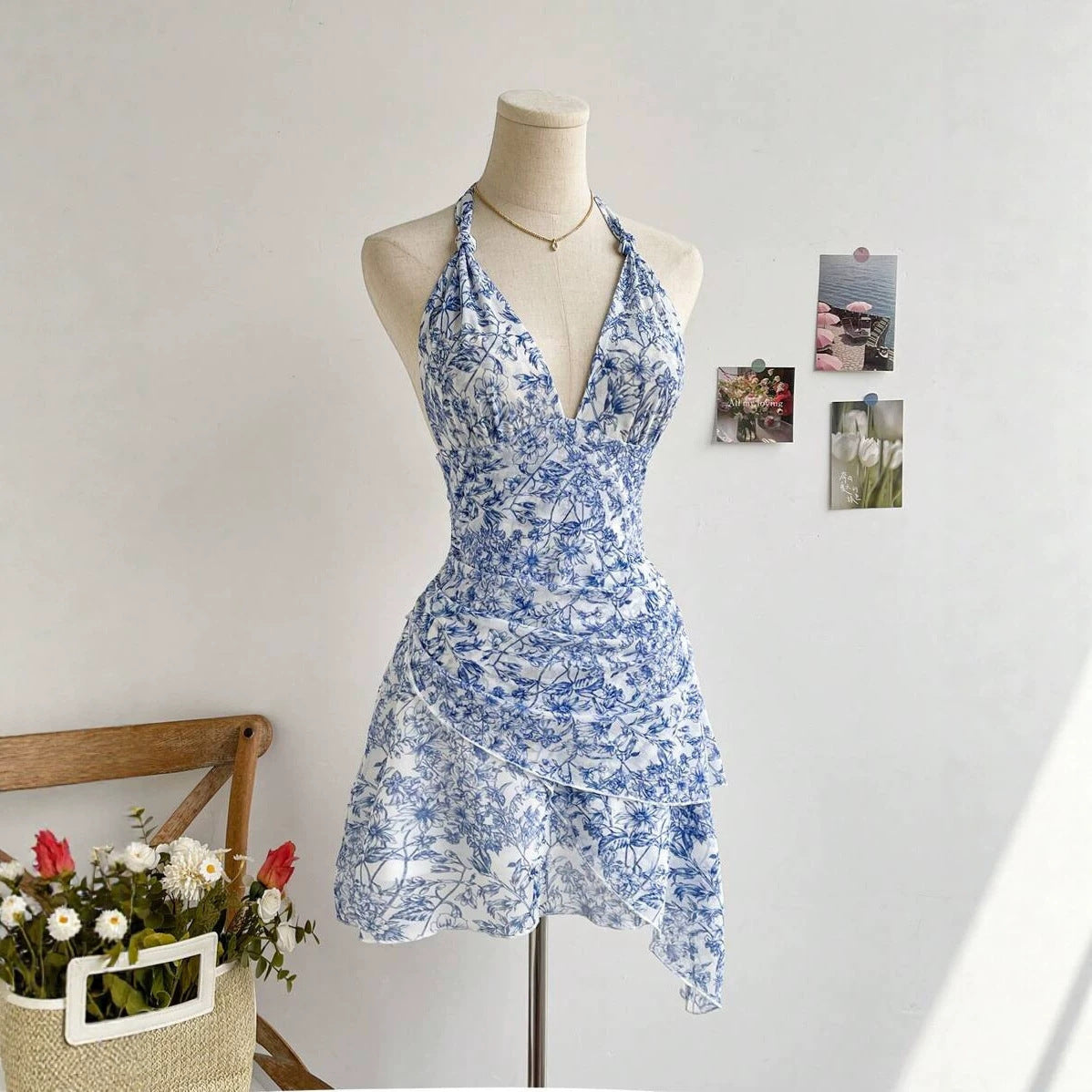 Blue Floral Fashion Temperament Leisure Sweet Mesh Dress