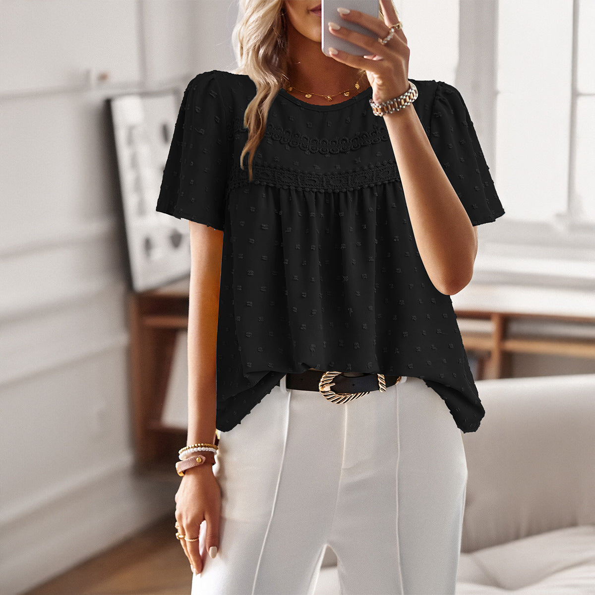 Women's Shirt Casual Solid Color Round Neck Tops