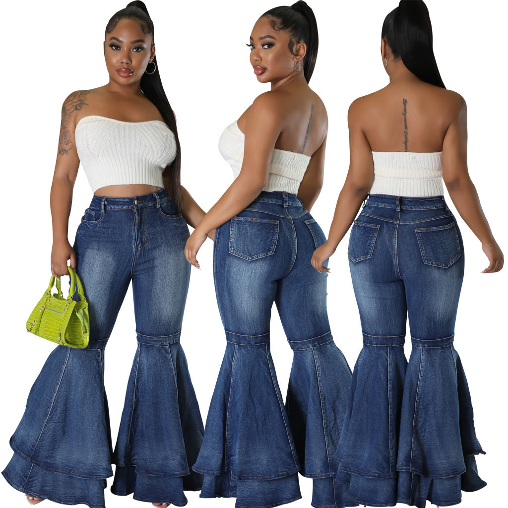Casual Fashionable Washed Denim Stretch Flared Jeans