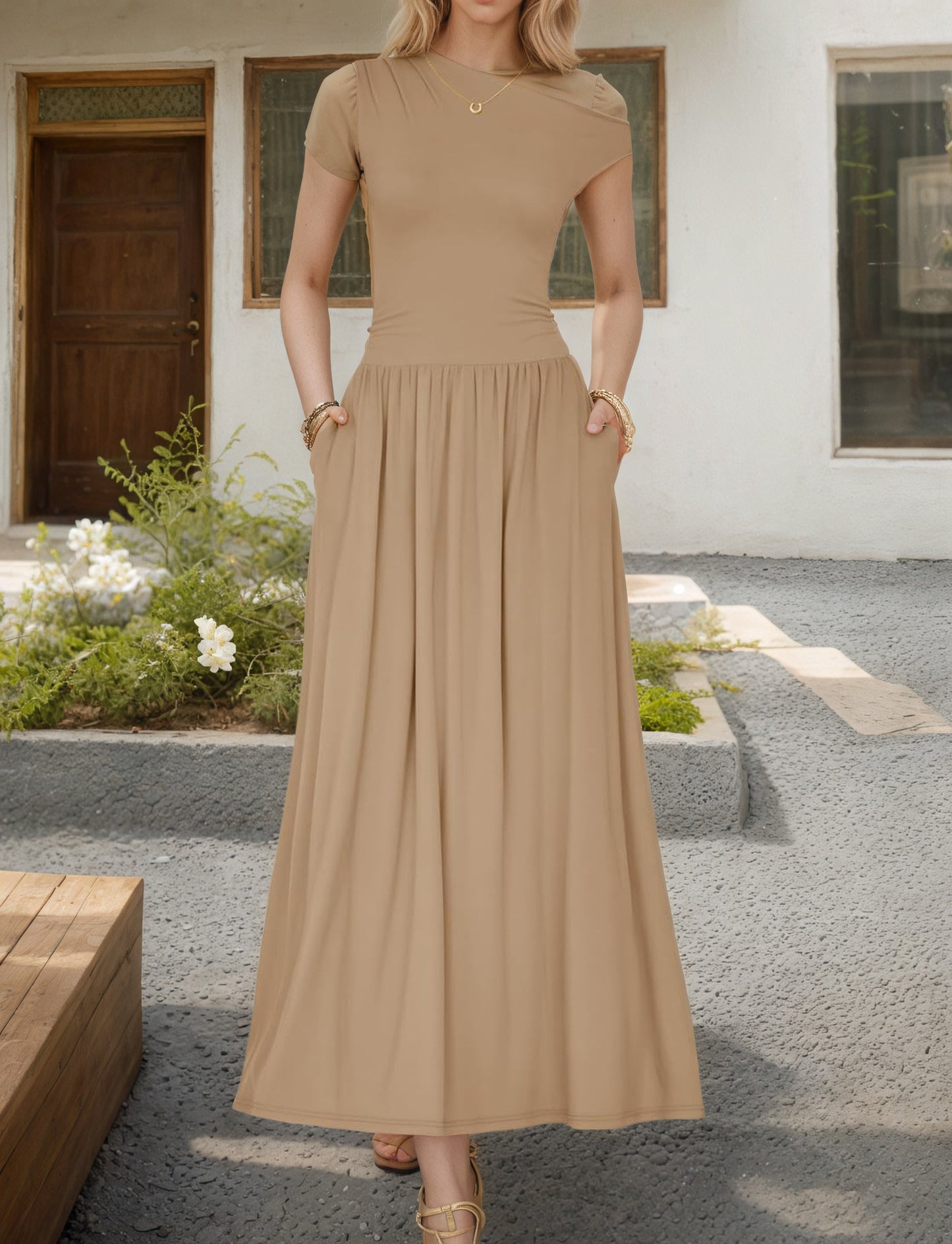 Women's Slant Shoulder Pocket Dress Summer Elegant Dresses