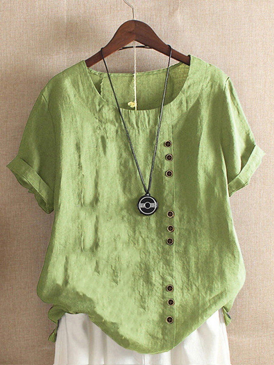 Women's Button Sleeve Casual Holiday Round Neck Regular Cotton Blouses