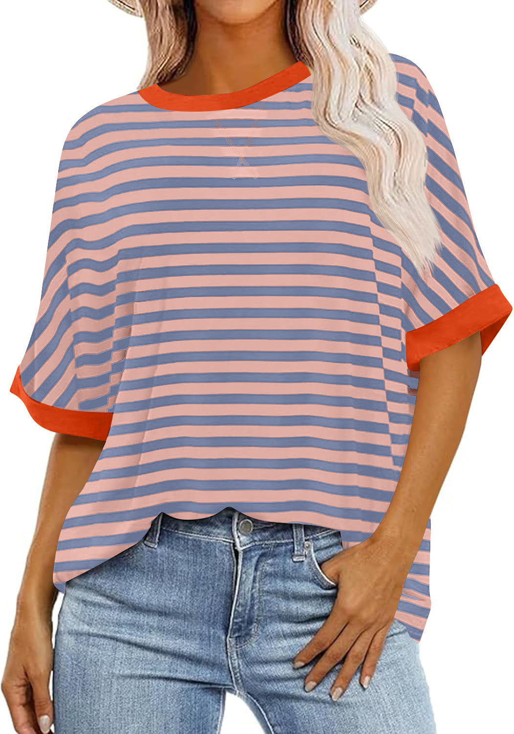 Women's Summer Casual Striped Crew Neck Trendy Blouses