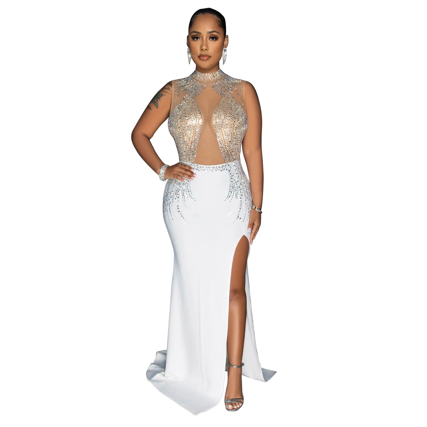 Women's Wear Pure Color Mesh Hot Drilling Split Dresses
