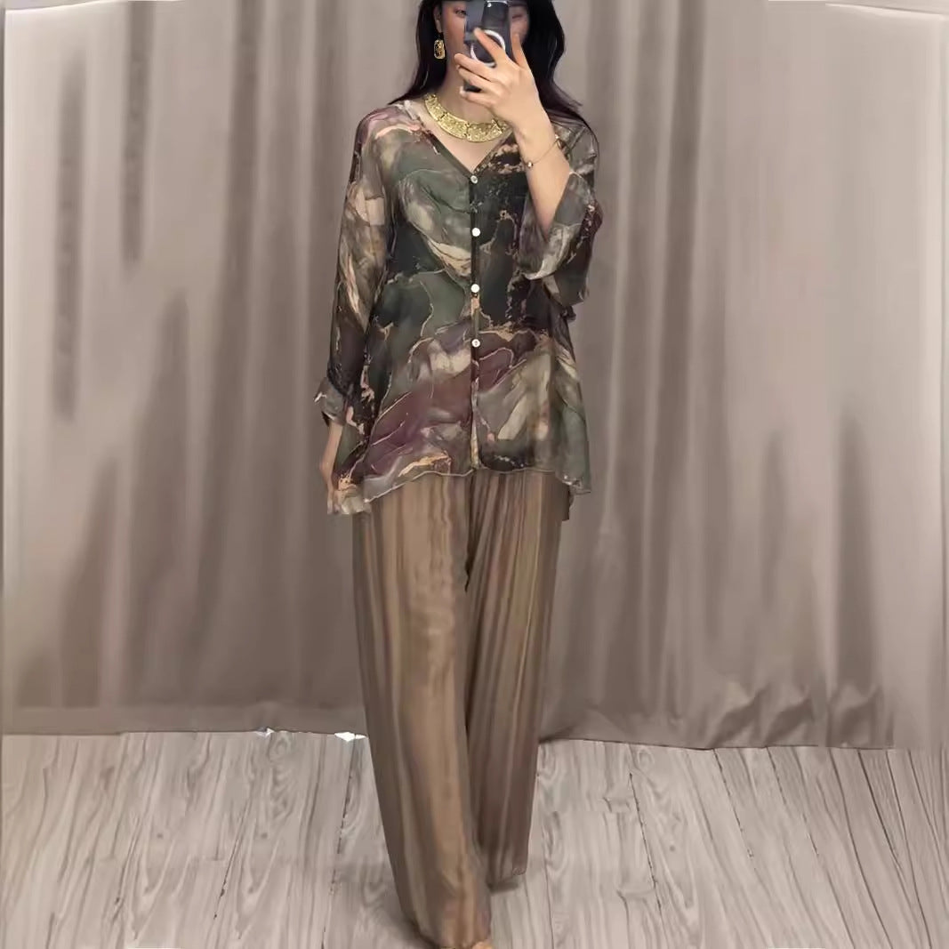 Women's Spring Fashion Printed Shirt Wide Leg Suits