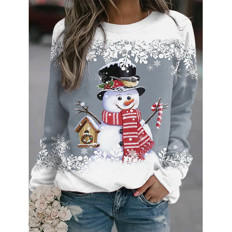Women's Christmas Snowman Printed Long-sleeved Casual Loose Blouses