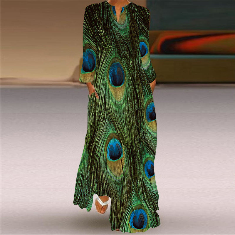 Women's Long Dress Sleeve Pocket Printed Loose Dresses