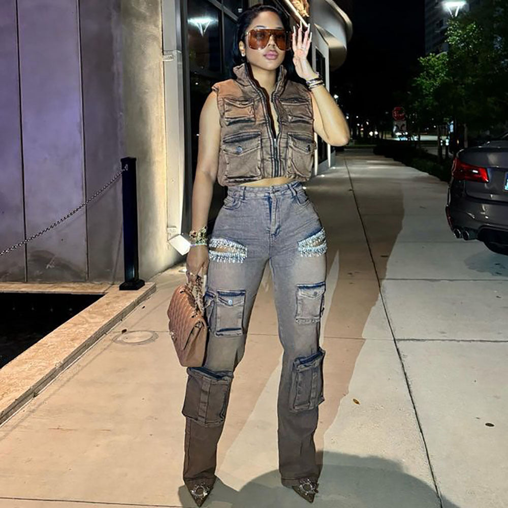 Women's Fashion Retro Tassel Pendant Drill Cargo Jeans