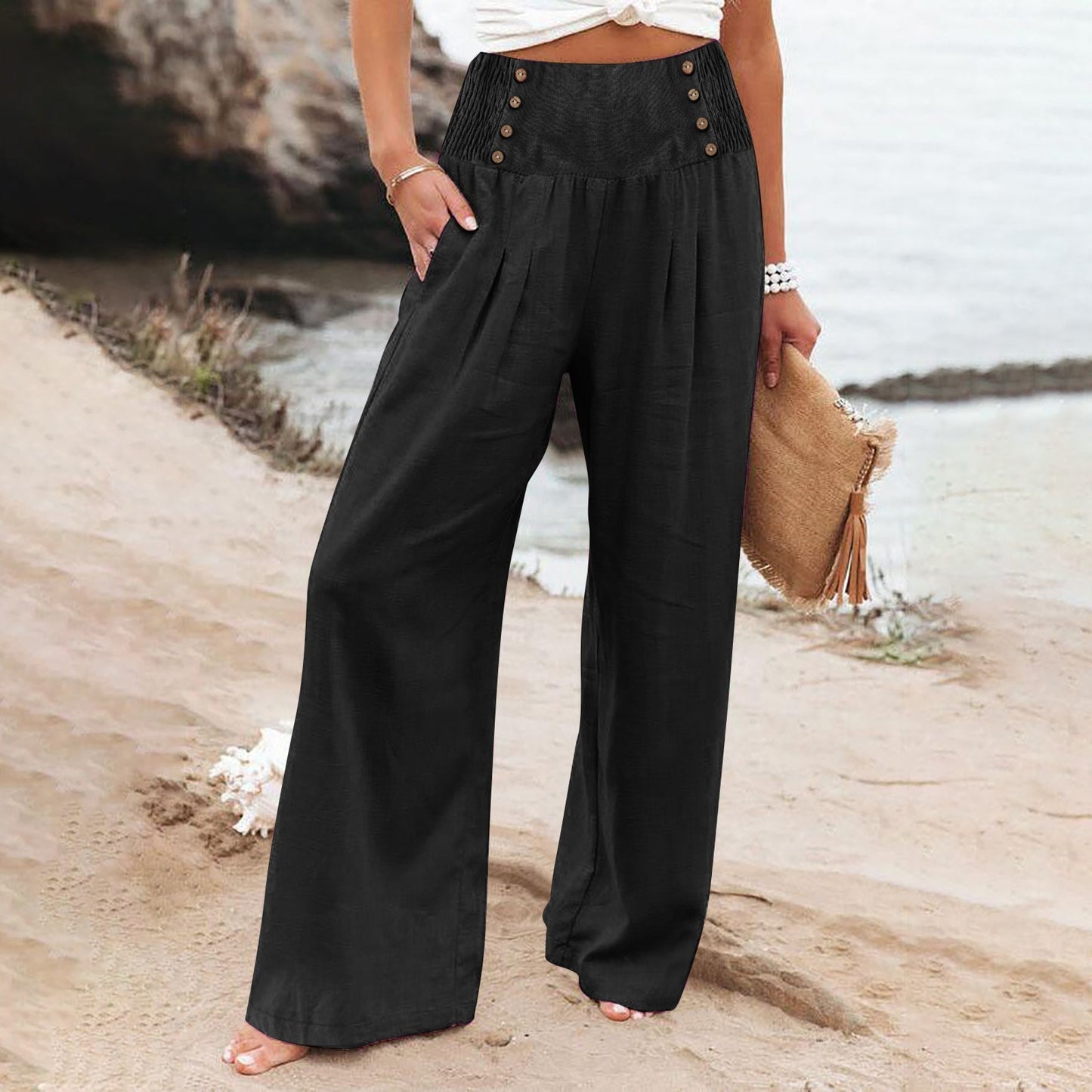 Women's Elastic Waist High Wide Leg Cotton Pants