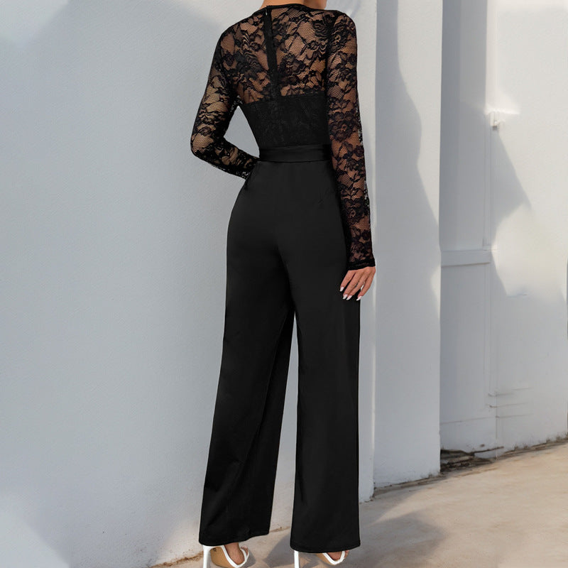Lace Stitching Zipper Solid Color Loose Jumpsuits