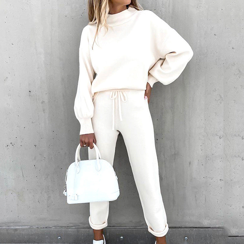 Women's Turtleneck Casual Solid Color Trousers Two-piece Suits