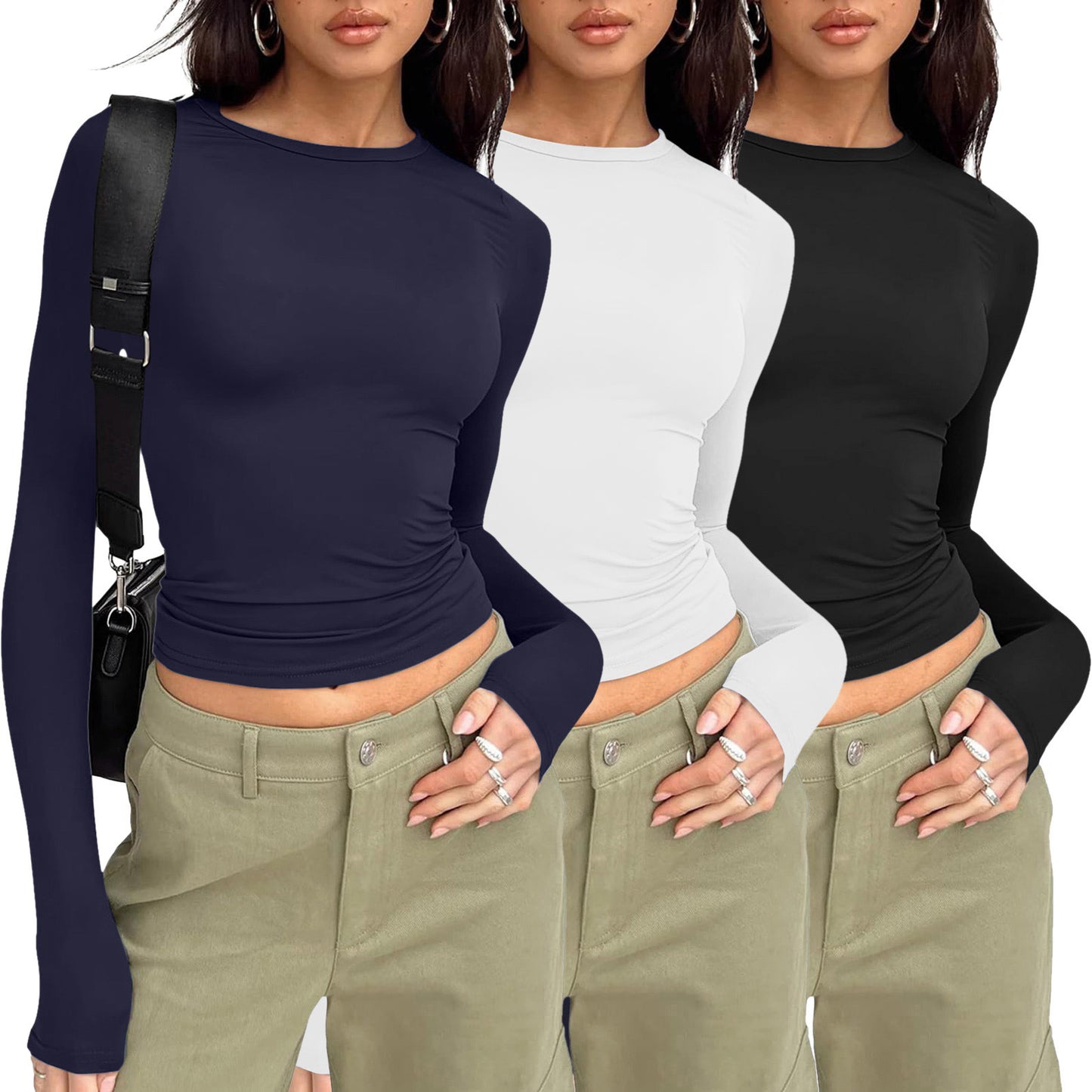 Women's Long-sleeved Solid Color Slim Pullover T-shirt Blouses