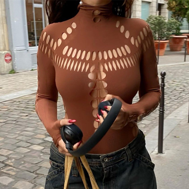 Women's Spring Hot Ripped Spider Web Turtleneck Jumpsuits