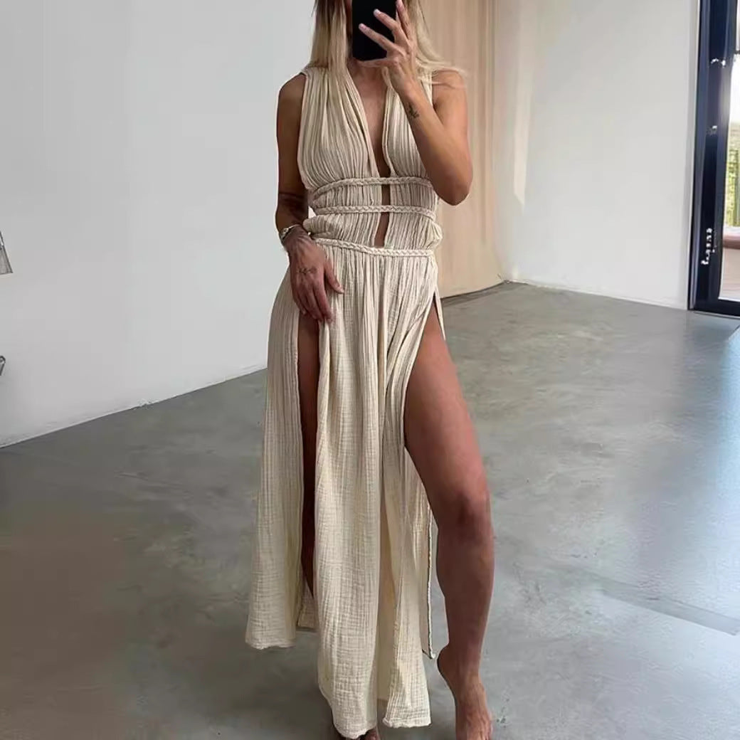 Linen Blend Sleeveless Braid Belt Hollow Dresses