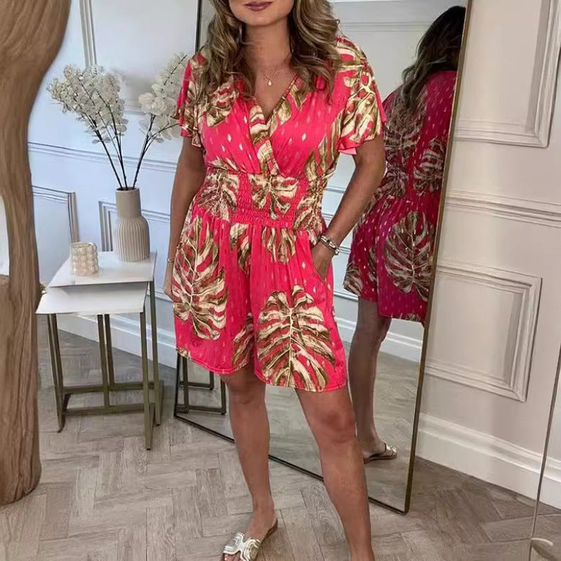 Women's Versatile Unique Printed Sleeve Pocket Jumpsuits