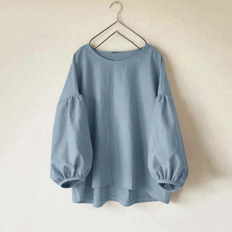 Women's Long Sleeve Round Neck Shirt Solid Color Tunic Blouses