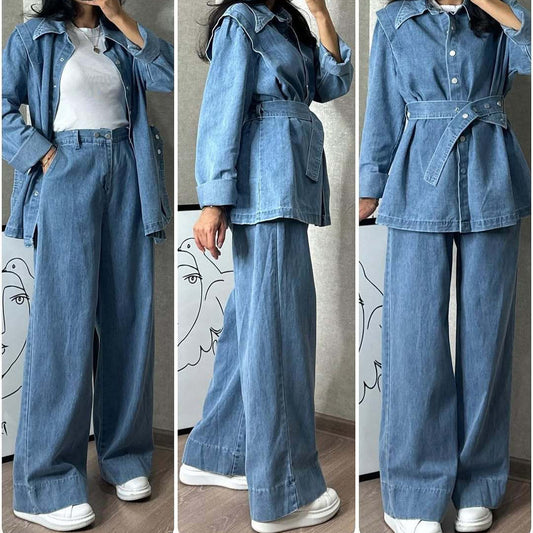 Women's Long Sleeve Denim Wide Leg Two-piece Suits