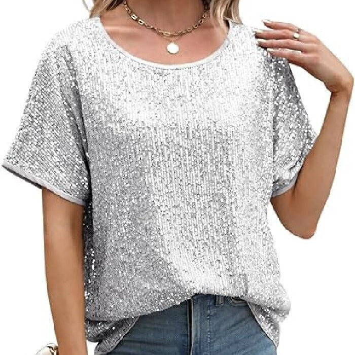 Loose Sequins Shoulder Sleeve Casual Sequin Tops