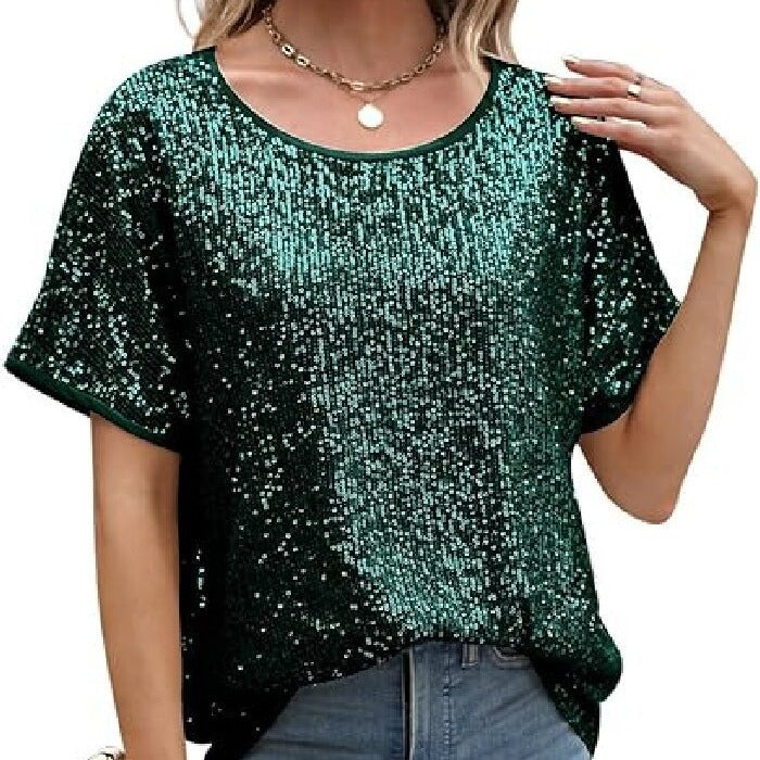 Loose Sequins Shoulder Sleeve Casual Sequin Tops