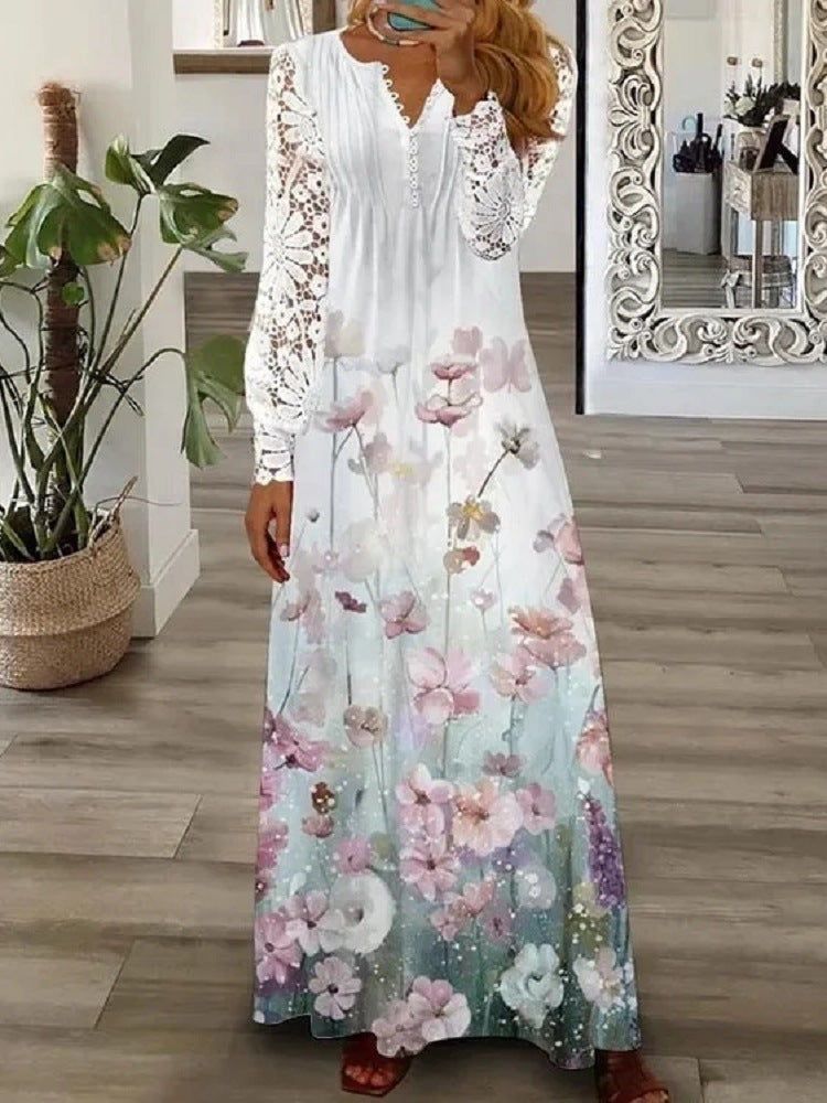 Women's Autumn Fashion Printed Lace Long-sleeved Clothing