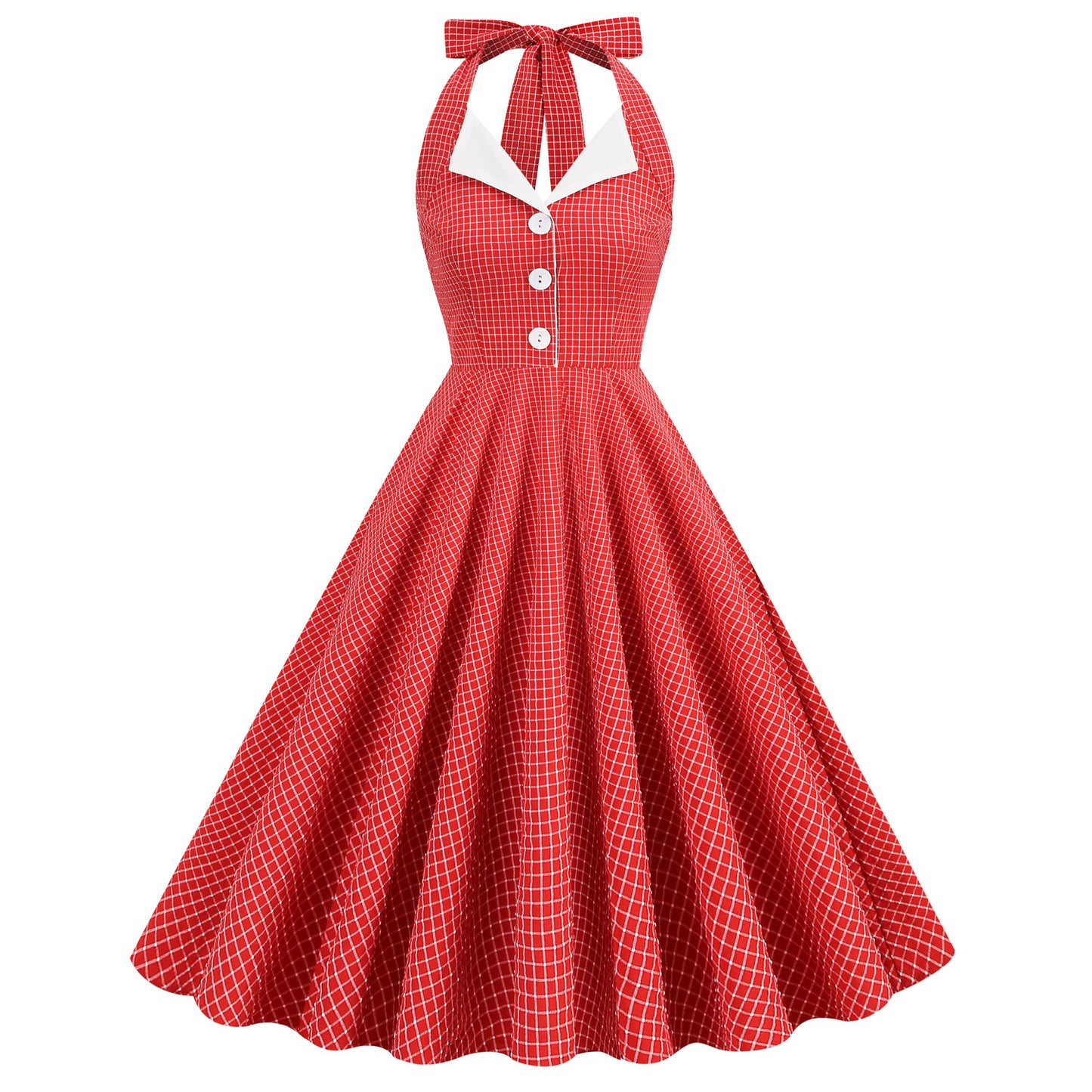 Navy Style Plaid Contrast Color Lapel Halter Large Dresses