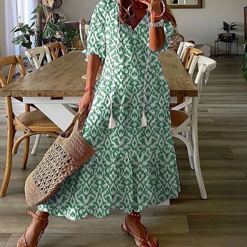 Casual Sweet Loose Printed Tassel Long Dresses