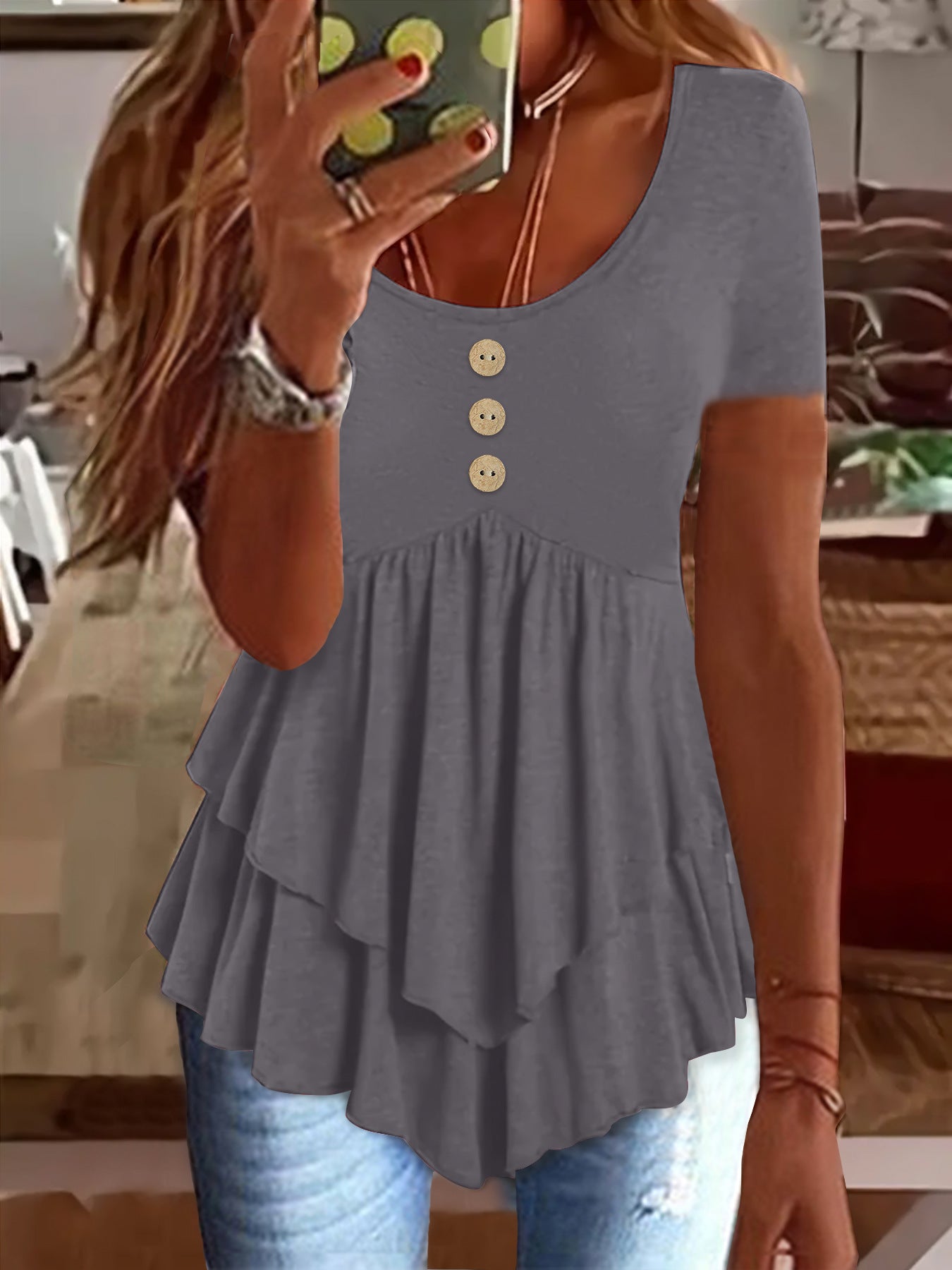 Women's Fashion Button Casual Solid Color Sleeve Blouses