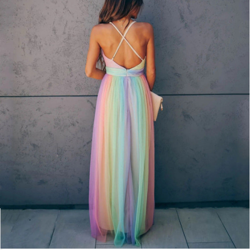 Women's Cotton Stitching Mesh Trailing Sleeve Long Dresses