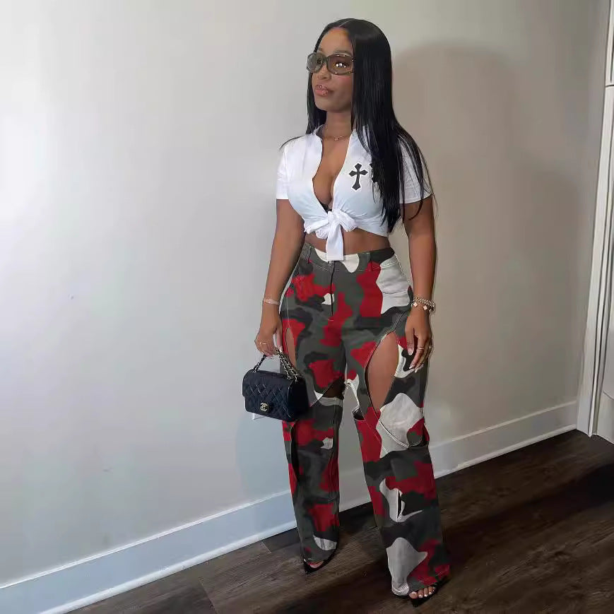 Fashion Digital Hd Printing Hole Cross Pants