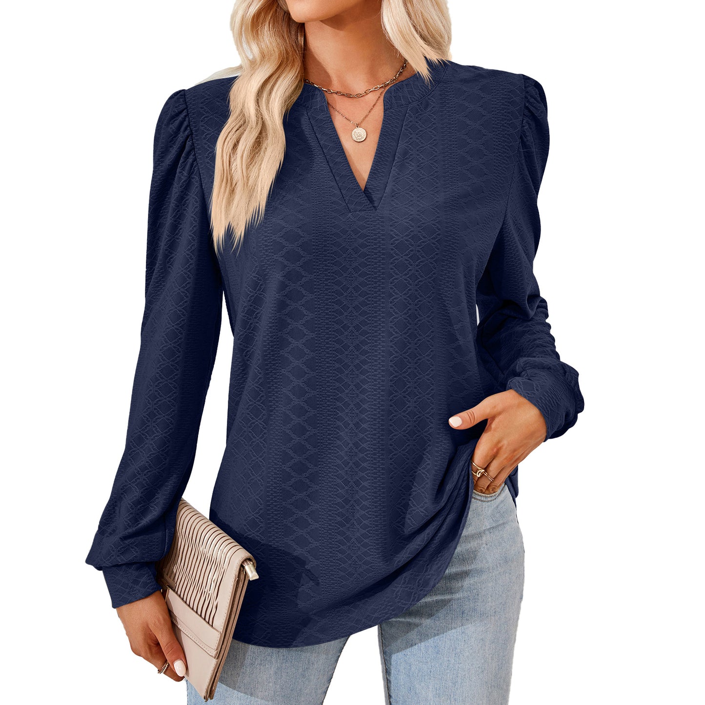 Women's Solid Color Jacquard Long Sleeve Loose-fitting Blouses