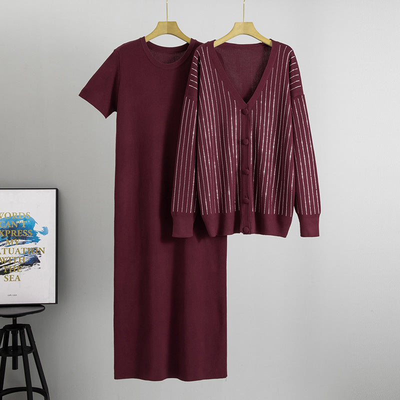 Women's Dress Long Rhinestone Knitted Casual Fashion Suits