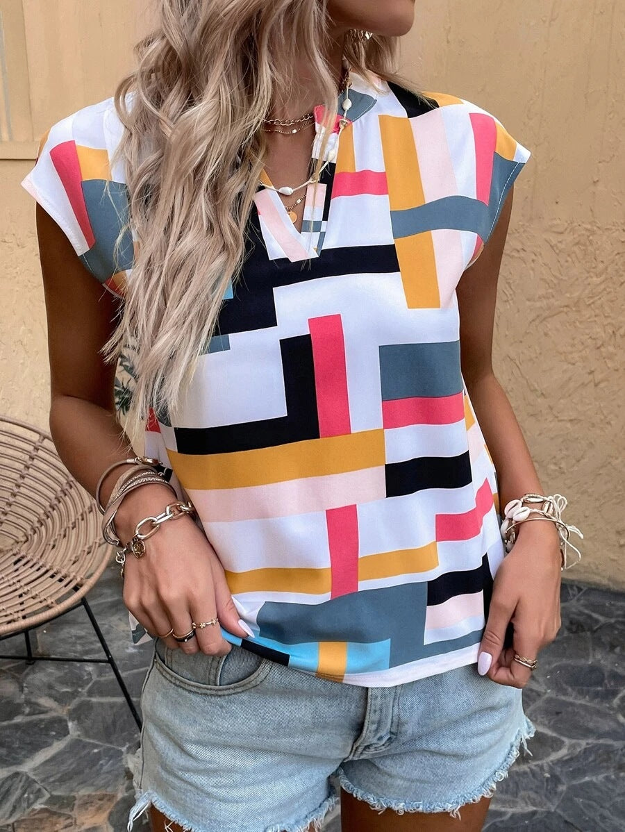 Women's Summer Geographic Print Cropped Neckline Batwing Blouses
