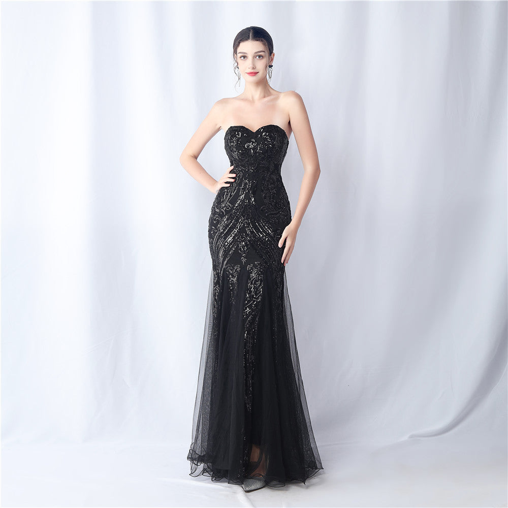 Flower Cut Mesh Sequin Dinner Toast Evening Dresses