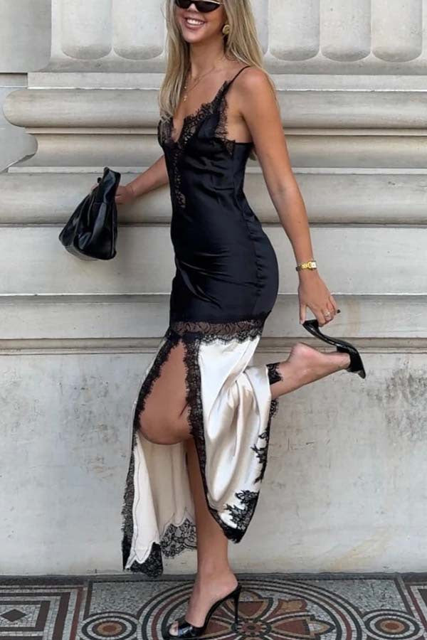 Women's Color-matching Dress Lace Stitching Asymmetric Sling Dresses