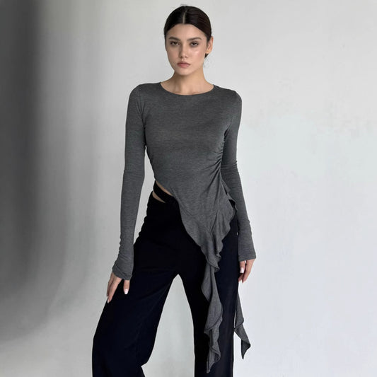 Women's Autumn Solid Color Round Tie Ruffled Blouses