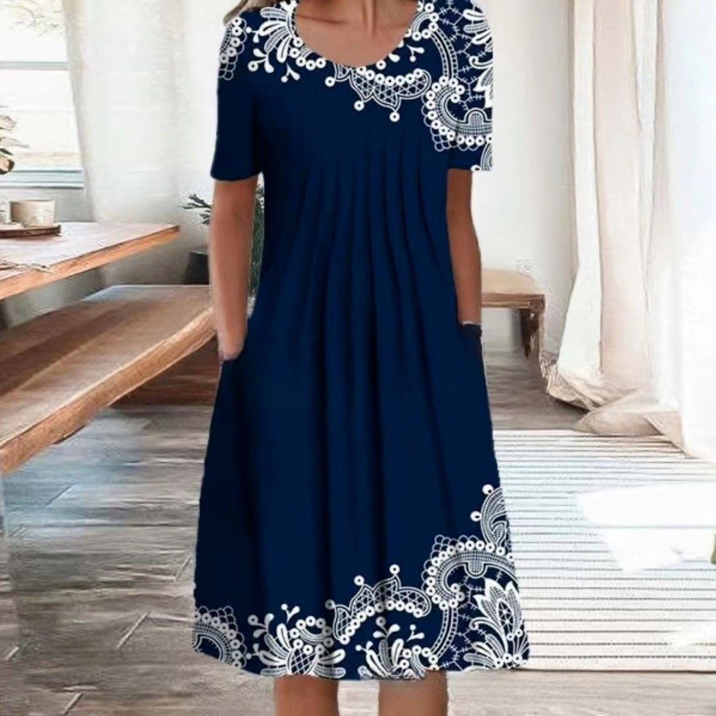 Women's Fashion Print Round Neck Sleeve Dress Dresses
